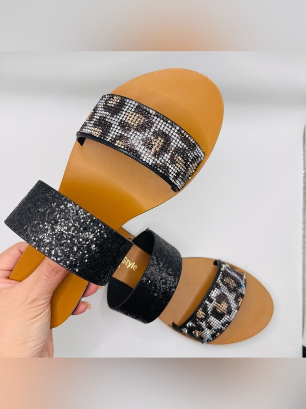 Women’s Black & Leopard Print Shimmer Double-Strap Slide Sandals - Size 6.5
